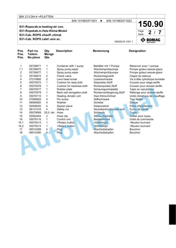 Bomag BW 213 DH-4 Plus PLATTEN Single Drum Wheel Drive Vibratory Roller Spare Parts Catalogue 00818437-4