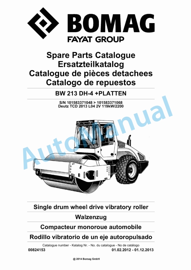 Bomag BW 213 DH-4 Plus PLATTEN Single Drum Wheel Drive Vibratory Roller2 Spare Parts Catalogue 00824153