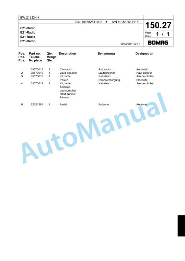 Bomag BW 213 DH-4 Single Drum Wheel Drive Vibratory Roller Spare Parts Catalogue 00817775-3