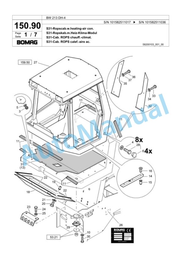 Bomag BW 213 DH-4 Single Drum Wheel Drive Vibratory Roller Spare Parts Catalogue 00817775-4