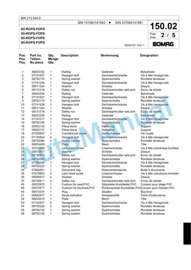 Bomag BW 213 DH-4 Single Drum Wheel Drive Vibratory Roller Spare Parts Catalogue 00818125-3