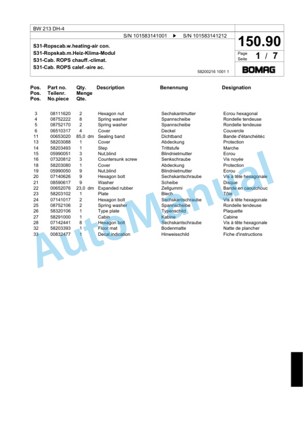 Bomag BW 213 DH-4 Single Drum Wheel Drive Vibratory Roller Spare Parts Catalogue 00818125-4
