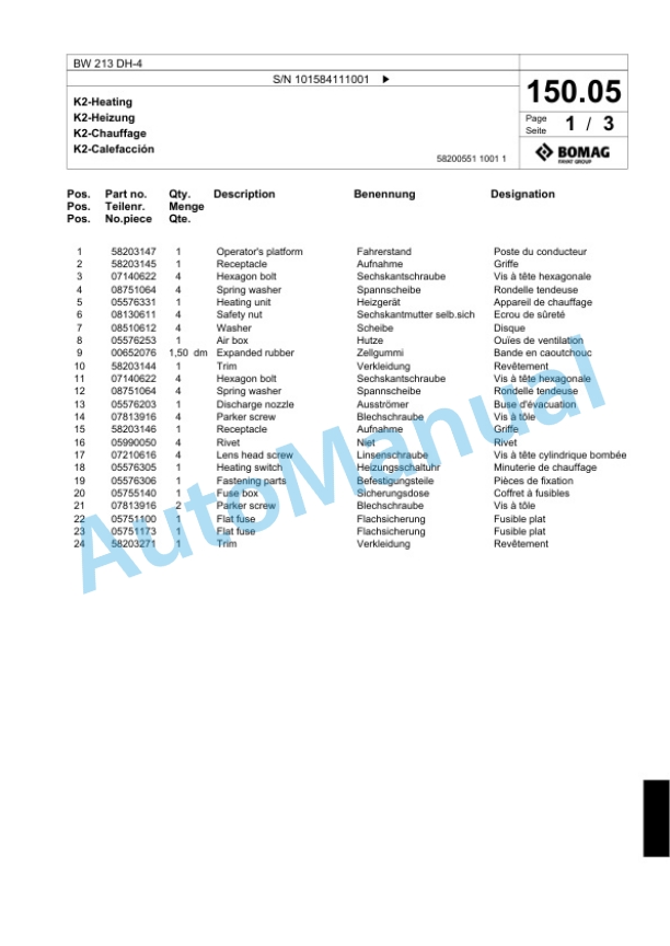 Bomag BW 213 DH-4 Single Drum Wheel Drive Vibratory Roller Spare Parts Catalogue 00824039-3