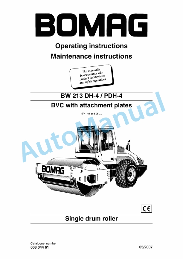 Bomag BW 213 DH-4 to BVC With Attachment Plate Single Drum Roller Operating and Maintenance Instructions 00804461