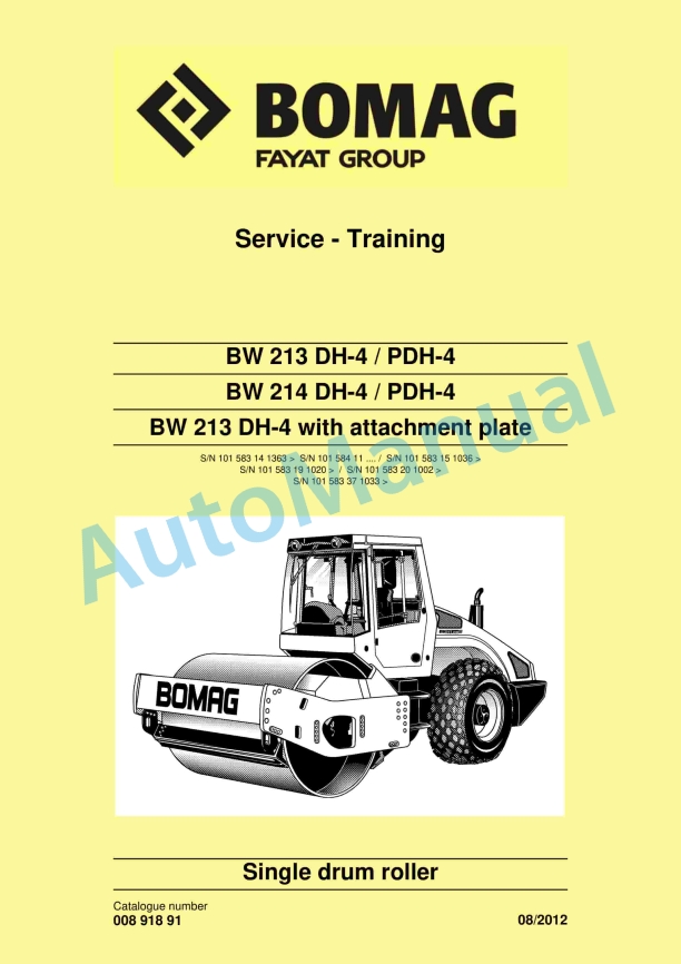 Bomag BW 213 DH-4 to BW 213 DH-4 With Attachment Plate Single Drum Roller Service Training 00891891