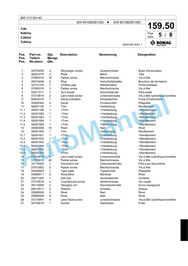 Bomag BW 213 DH-40 Single Drum Wheel Drive Vibratory Roller Spare Parts Catalogue 00817785-5