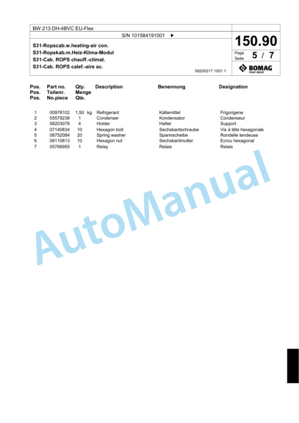Bomag BW 213 DH-4BVC EU-Flex Single Drum Wheel Drive Vibratory Roller Spare Parts Catalogue 00824435-5