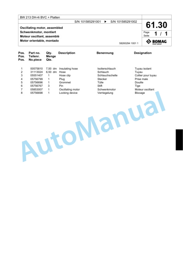 Bomag BW 213 DH-4i BVC Plus Platten Single Drum Wheel Drive Vibratory Roller Spare Parts Catalogue 00824679-2