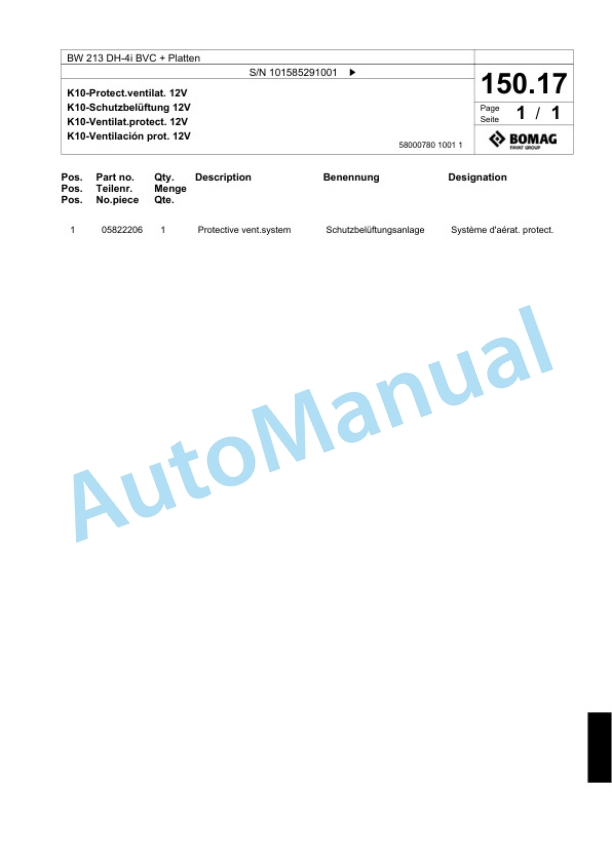 Bomag BW 213 DH-4i BVC Plus Platten Single Drum Wheel Drive Vibratory Roller Spare Parts Catalogue 00824679-4