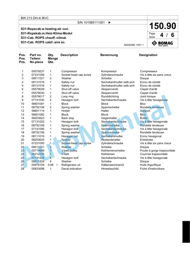 Bomag BW 213 DH-4i BVC Single Drum Wheel Drive Vibratory Roller Spare Parts Catalogue 00824447-5