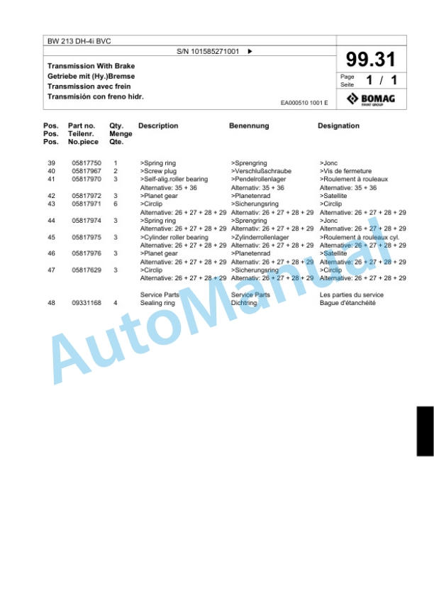 Bomag BW 213 DH-4i BVC Single Drum Wheel Drive Vibratory Roller Spare Parts Catalogue 00824675-3