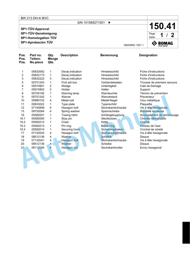 Bomag BW 213 DH-4i BVC Single Drum Wheel Drive Vibratory Roller Spare Parts Catalogue 00824675-4