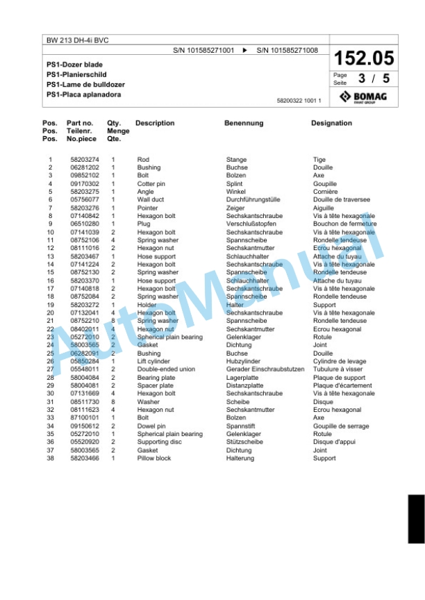 Bomag BW 213 DH-4i BVC Single Drum Wheel Drive Vibratory Roller Spare Parts Catalogue 00824675-5