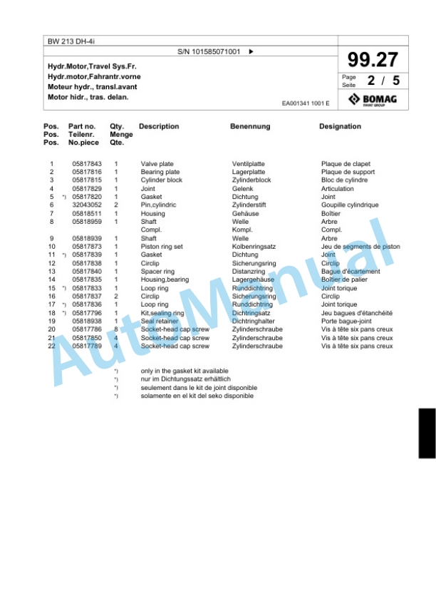 Bomag BW 213 DH-4i Single Drum Wheel Drive Vibratory Roller Spare Parts Catalogue 00824439-3
