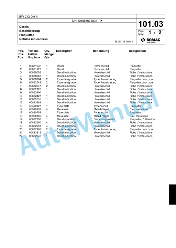 Bomag BW 213 DH-4i Single Drum Wheel Drive Vibratory Roller Spare Parts Catalogue 00824439-4