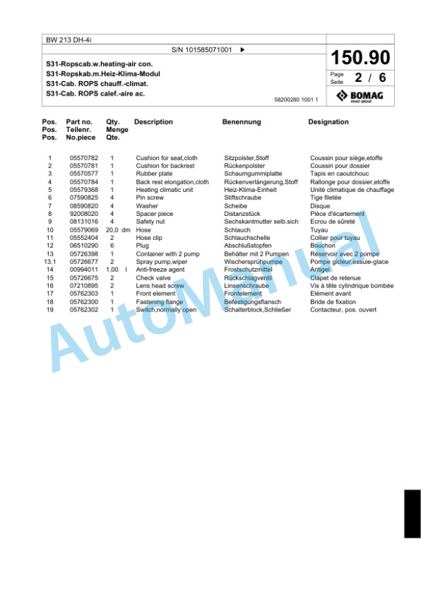 Bomag BW 213 DH-4i Single Drum Wheel Drive Vibratory Roller Spare Parts Catalogue 00824439-5