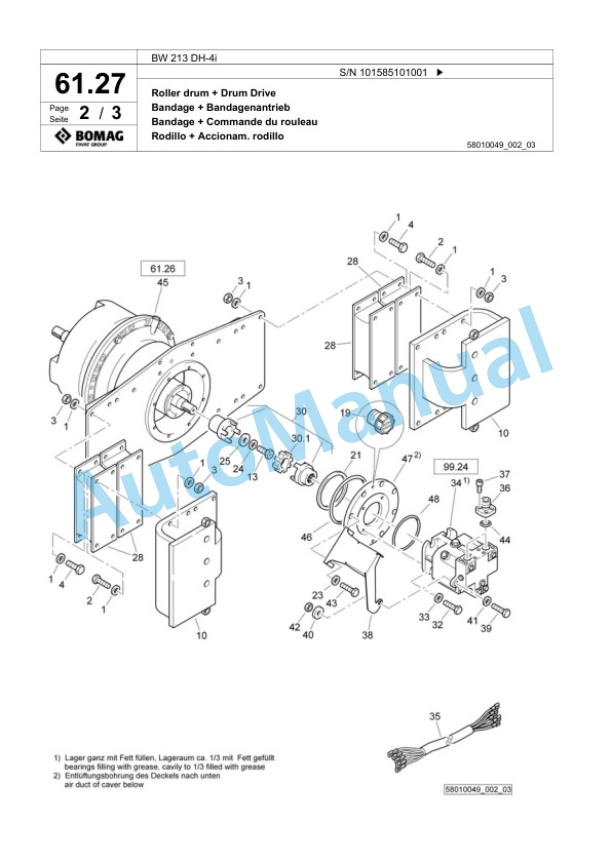 Bomag BW 213 DH-4i Single Drum Wheel Drive Vibratory Roller Spare Parts Catalogue 00824445-2