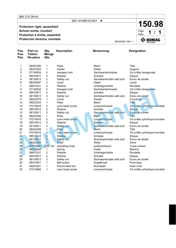 Bomag BW 213 DH-4i Single Drum Wheel Drive Vibratory Roller Spare Parts Catalogue 00824445-4