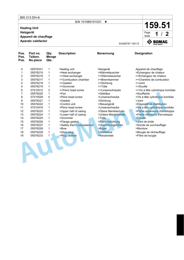 Bomag BW 213 DH-4i Single Drum Wheel Drive Vibratory Roller Spare Parts Catalogue 00824445-5