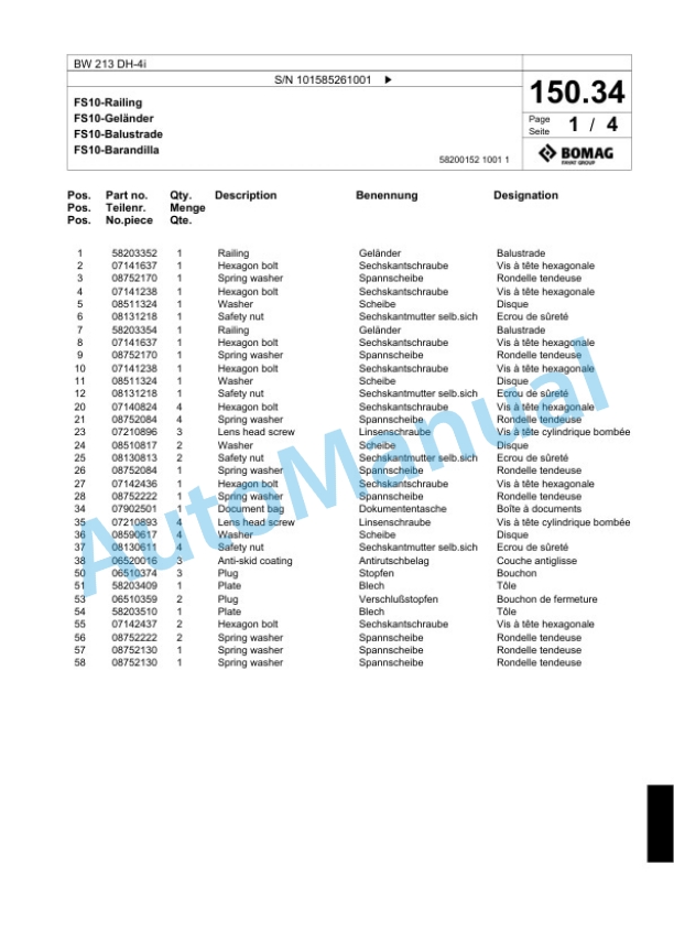 Bomag BW 213 DH-4i Single Drum Wheel Drive Vibratory Roller Spare Parts Catalogue 00824673-3