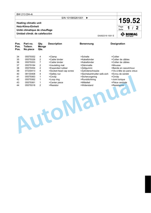 Bomag BW 213 DH-4i Single Drum Wheel Drive Vibratory Roller Spare Parts Catalogue 00824673-5