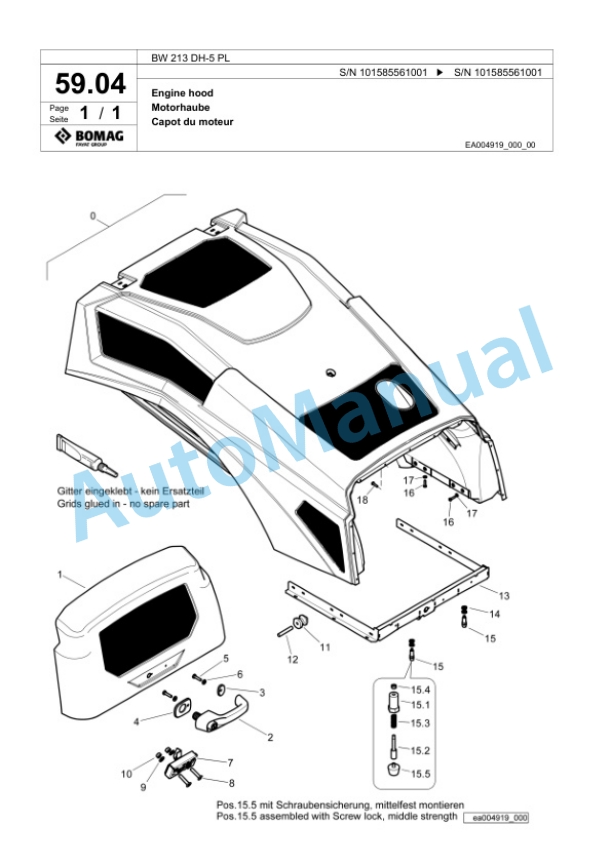 Bomag BW 213 DH-5 PL Single Drum Wheel Drive Vibratory Roller Spare Parts Catalogue 00827277-2