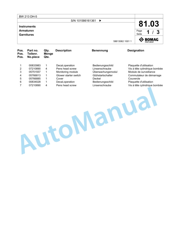 Bomag BW 213 DH-5 Single Drum Wheel Drive Vibratory Roller Spare Parts Catalogue 00824575-2