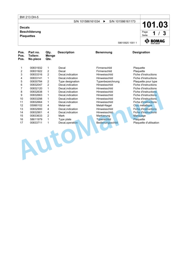 Bomag BW 213 DH-5 Single Drum Wheel Drive Vibratory Roller Spare Parts Catalogue 00824575-3