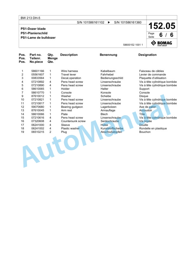 Bomag BW 213 DH-5 Single Drum Wheel Drive Vibratory Roller Spare Parts Catalogue 00824575-5