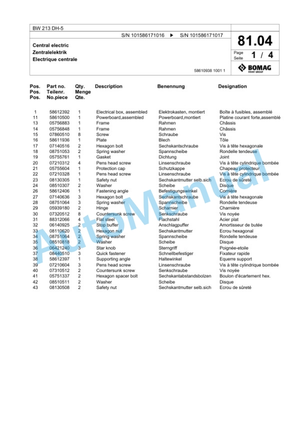 Bomag BW 213 DH-5 Single Drum Wheel Drive Vibratory Roller Spare Parts Catalogue 00824863-2