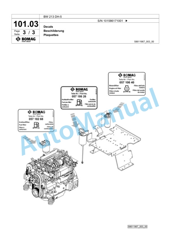 Bomag BW 213 DH-5 Single Drum Wheel Drive Vibratory Roller Spare Parts Catalogue 00824863-3