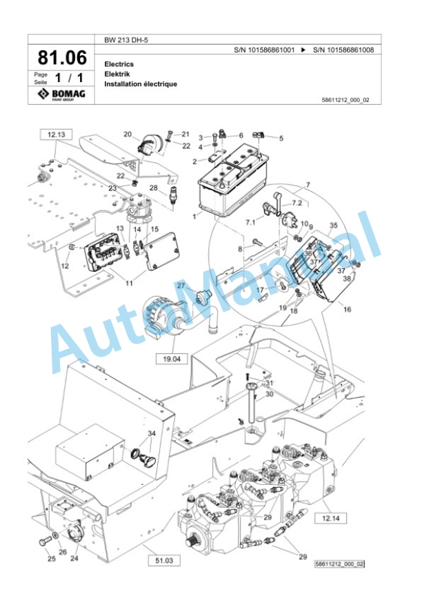 Bomag BW 213 DH-5 Single Drum Wheel Drive Vibratory Roller Spare Parts Catalogue 00825983-2