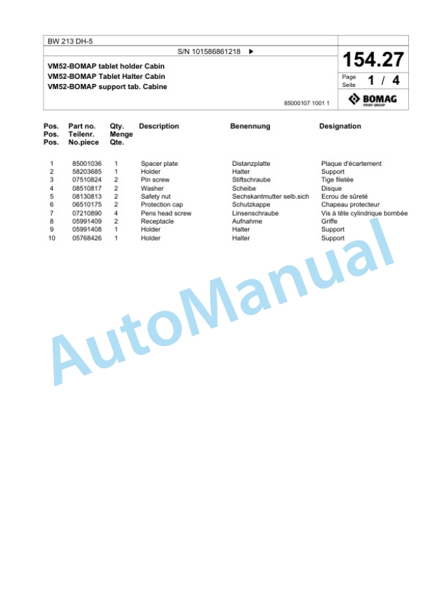 Bomag BW 213 DH-5 Single Drum Wheel Drive Vibratory Roller Spare Parts Catalogue 00825983-4