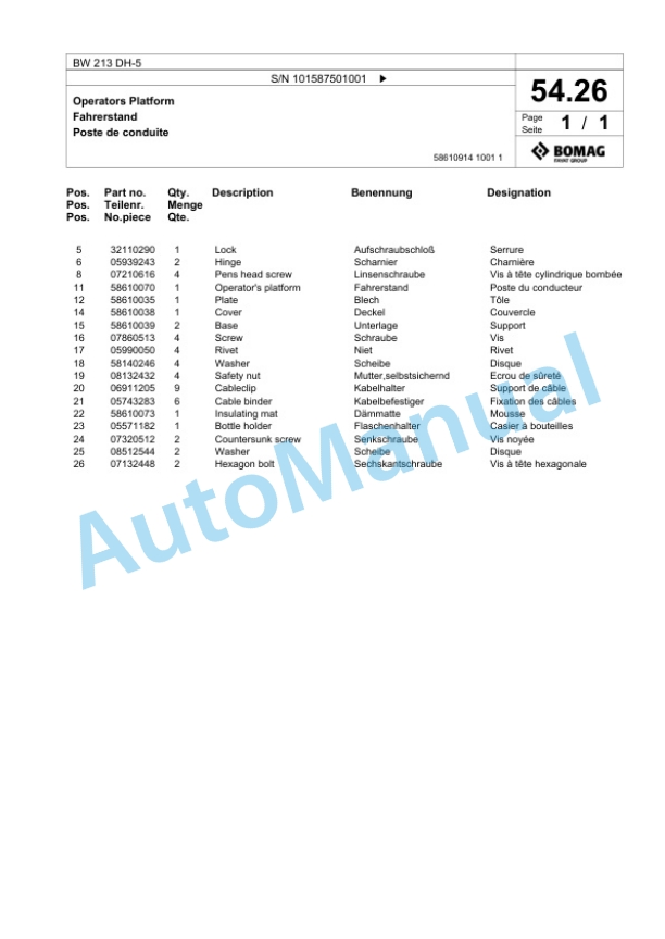 Bomag BW 213 DH-5 Single Drum Wheel Drive Vibratory Roller Spare Parts Catalogue 00826277-2