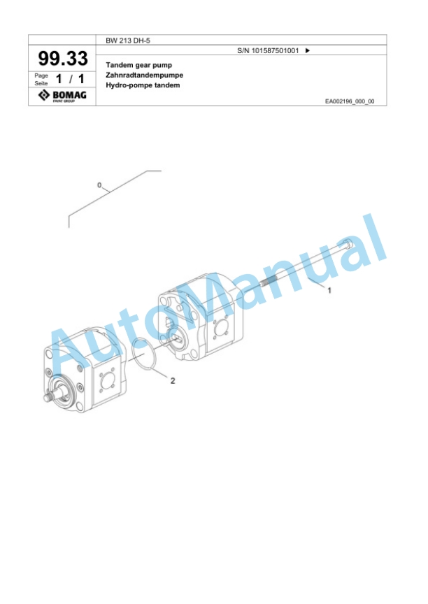 Bomag BW 213 DH-5 Single Drum Wheel Drive Vibratory Roller Spare Parts Catalogue 00826277-3