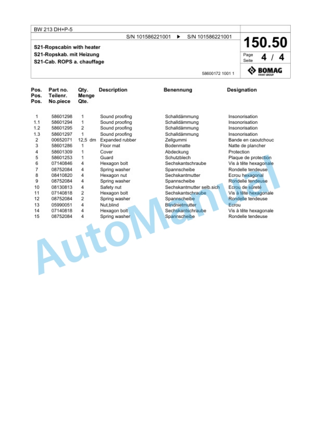 Bomag BW 213 DH Plus P-5 Single Drum Wheel Drive Vibratory Roller Spare Parts Catalogue 00824729-4