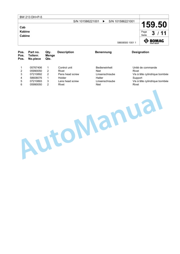 Bomag BW 213 DH Plus P-5 Single Drum Wheel Drive Vibratory Roller Spare Parts Catalogue 00824729-5