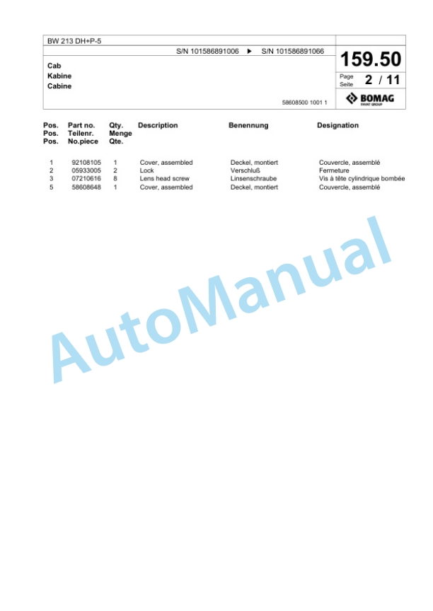 Bomag BW 213 DH Plus P-5 Single Drum Wheel Drive Vibratory Roller Spare Parts Catalogue 00825989-5