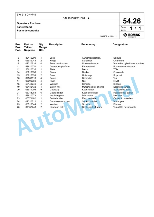 Bomag BW 213 DH Plus P-5 Single Drum Wheel Drive Vibratory Roller Spare Parts Catalogue 00826283-2