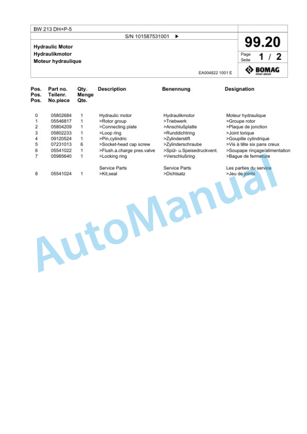 Bomag BW 213 DH Plus P-5 Single Drum Wheel Drive Vibratory Roller Spare Parts Catalogue 00826283-3