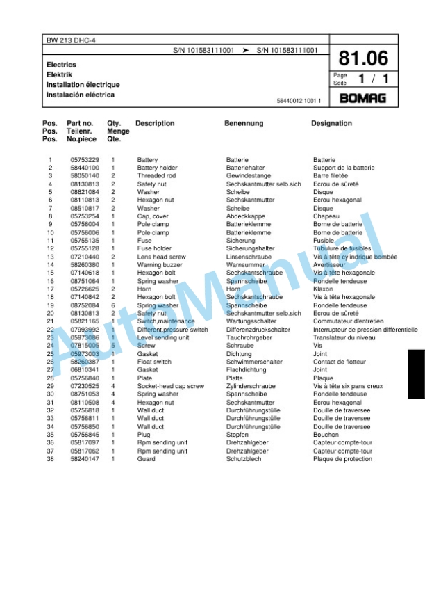 Bomag BW 213 DHC-4 Single Drum Wheel Drive Vibratory Roller Spare Parts Catalogue 00818331-2