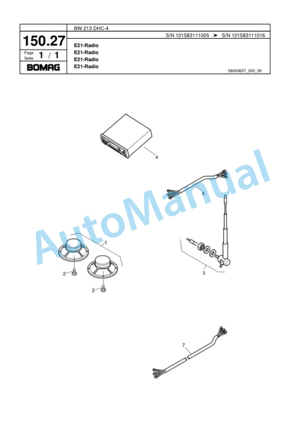 Bomag BW 213 DHC-4 Single Drum Wheel Drive Vibratory Roller Spare Parts Catalogue 00818331-3