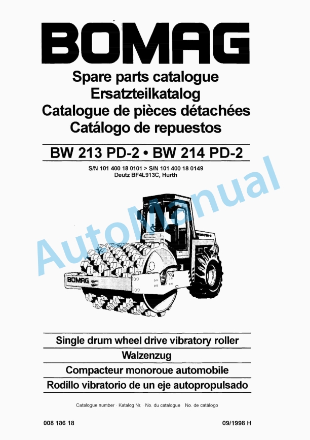Bomag BW 213 PD-2, BW 214 PD-2 Single Drum Wheel Drive Vibratory Roller Spare Parts Catalogue 00810618