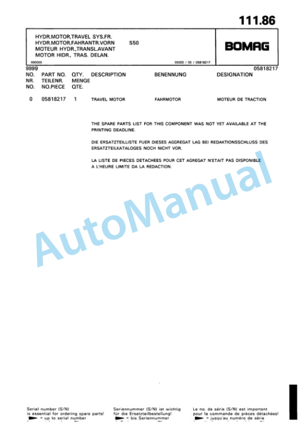 Bomag BW 213 PD-2, BW 214 PD-2 Single Drum Wheel Drive Vibratory Roller Spare Parts Catalogue 00810618-5