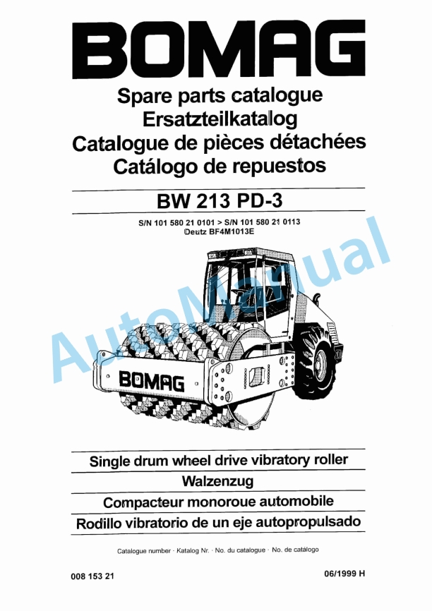 Bomag BW 213 PD-3 Single Drum Wheel Drive Vibratory Roller Spare Parts Catalogue 00815321