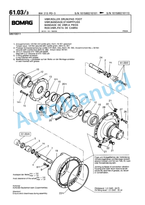 Bomag BW 213 PD-3 Single Drum Wheel Drive Vibratory Roller Spare Parts Catalogue 00815321-2