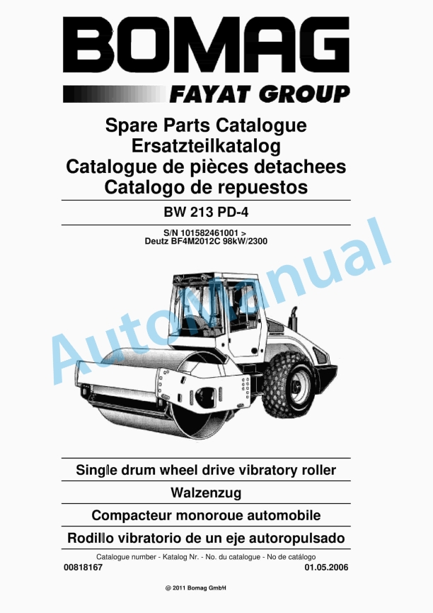Bomag BW 213 PD-4 Single Drum Wheel Drive Vibratory Roller Spare Parts Catalogue 00818167