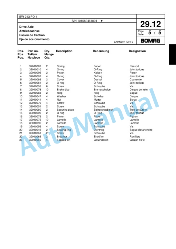 Bomag BW 213 PD-4 Single Drum Wheel Drive Vibratory Roller Spare Parts Catalogue 00818167-2
