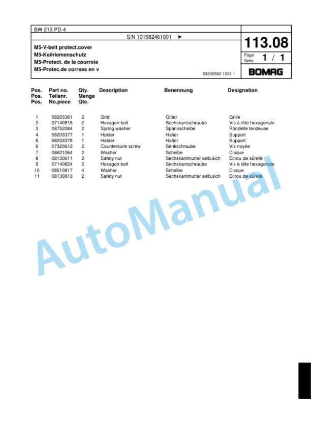 Bomag BW 213 PD-4 Single Drum Wheel Drive Vibratory Roller Spare Parts Catalogue 00818167-4