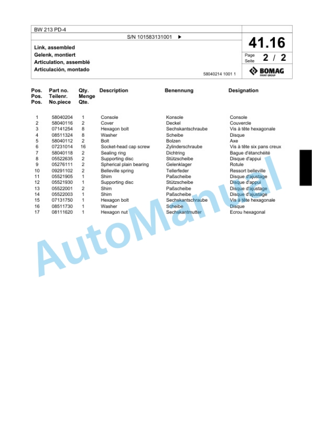 Bomag BW 213 PD-4 Single Drum Wheel Drive Vibratory Roller Spare Parts Catalogue 00818335-2